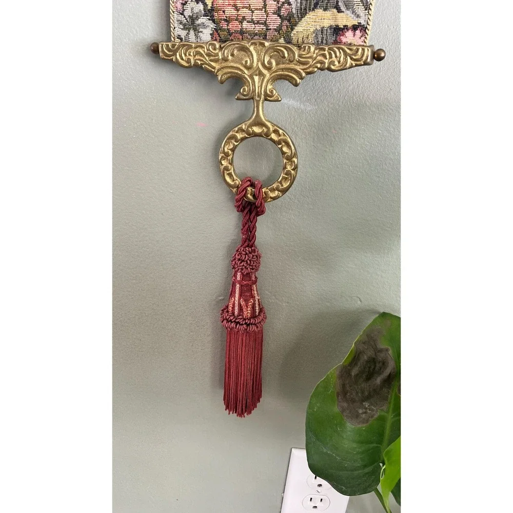 Vintage Fruit Tapestry Wall Hanging Brass Hardware Tassel English Cottage Decor
